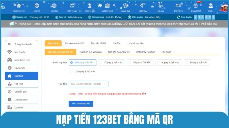 Hướng dẫn nạp tiền bằng mã QR siêu tiện lợi tại 123bet